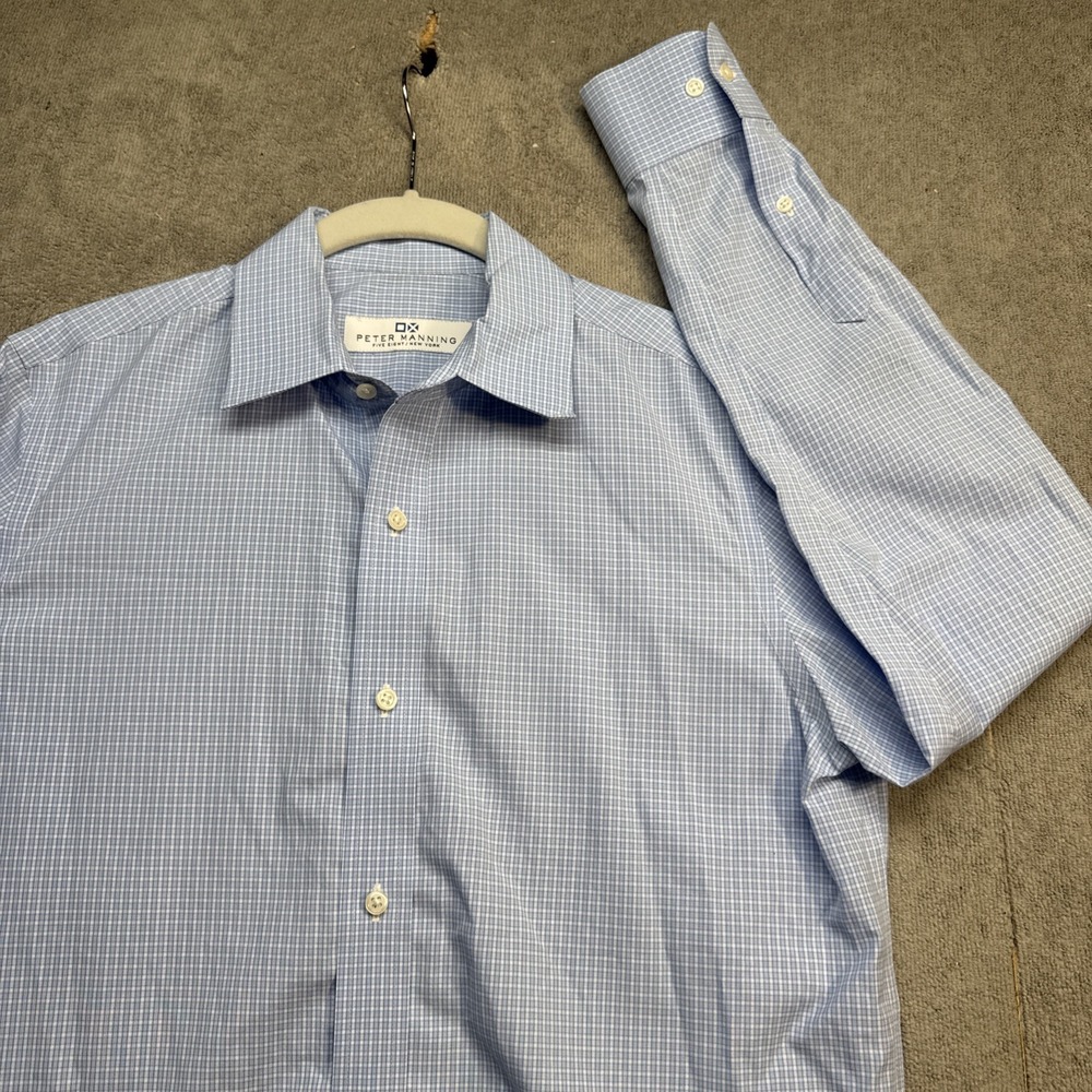 Peter Manning Blue Microcheck Button Up Shirt Tailored Fit Men's‎ Small